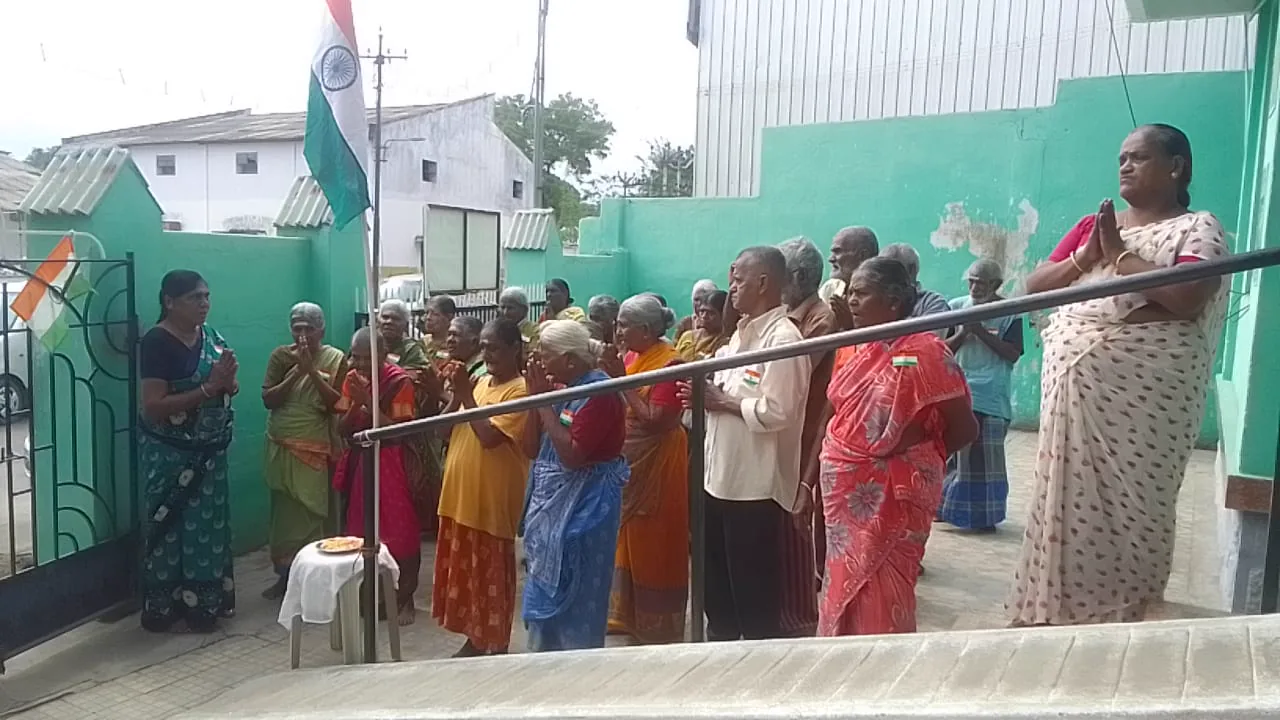 Residents practising yoga in a line